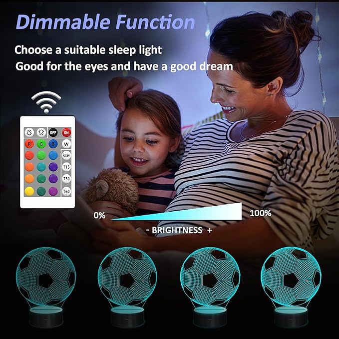 Soccer Night Light, Soccer Gift, 3D Illusion Lamp with 16 Colors Remote and Touch Control - Perfect Kids Room Decoration and Boys Birthday Sport Gift - LeafyLoom