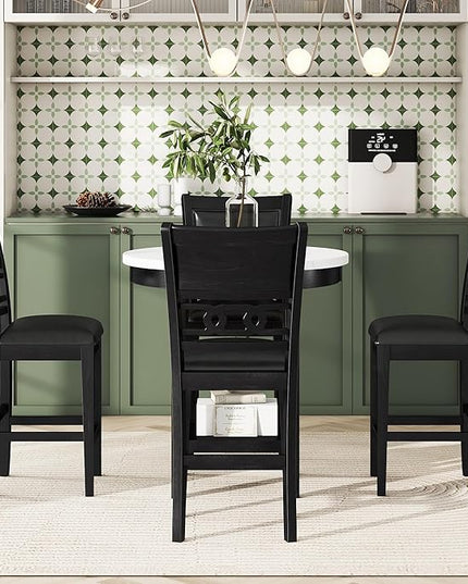 5-Piece Retro Counter Height Round Dining Table Set with Faux Marble Veneer and Bottom Shelf, 4 PU Leather Upholstered Chairs, for Kitchen, Breakfast Nook, Bar, Living Room, Dark Espresso - LeafyLoom