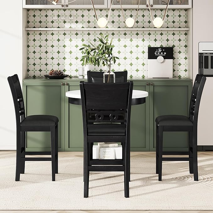 5-Piece Retro Counter Height Round Dining Table Set with Faux Marble Veneer and Bottom Shelf, 4 PU Leather Upholstered Chairs, for Kitchen, Breakfast Nook, Bar, Living Room, Dark Espresso - LeafyLoom