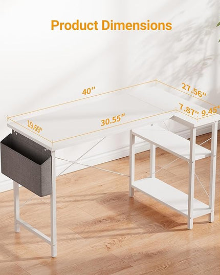 BANTI L Shaped Small Computer Desk with Storage Shelves, 40" Home Office Small Corner Desk Study Writing Table, White - LeafyLoom
