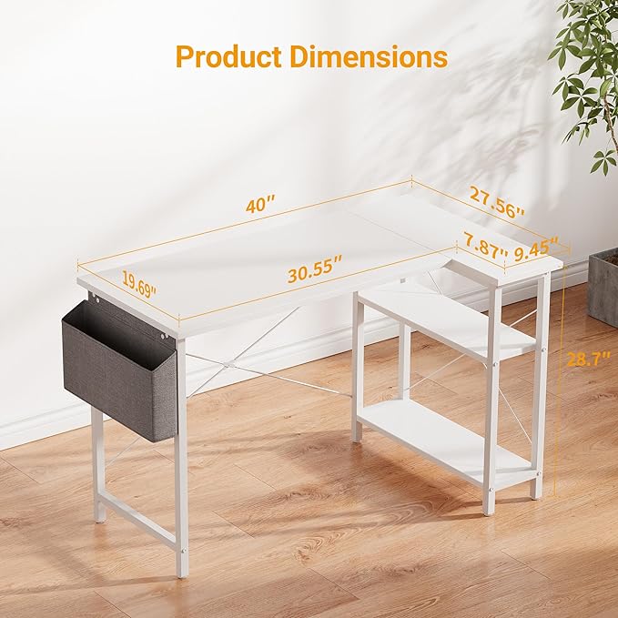 BANTI L Shaped Small Computer Desk with Storage Shelves, 40" Home Office Small Corner Desk Study Writing Table, White - LeafyLoom