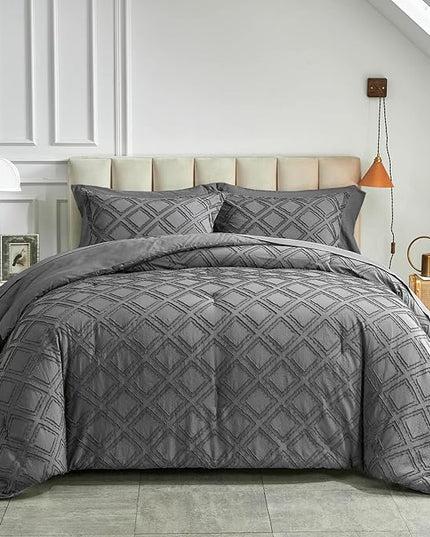 7 Pieces Tufted Bed in a Bag King Comforter Set with Sheets Dark Grey, Soft and Embroidery Shabby Chic Boho Bohemian, Luxury Solid Color with Diamond Pattern, Jacquard Tufts Bedding Set for All Season - LeafyLoom