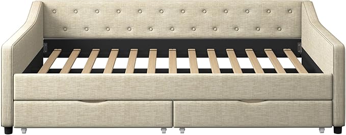 Full Size Daybed with 2 Drawers, Upholstered Tufted Sofa Bed with Button on Back and Piping on Waved Shape Arms for Bedroom, Apartment, Living Room, Wooden Slats Support, Beige - LeafyLoom