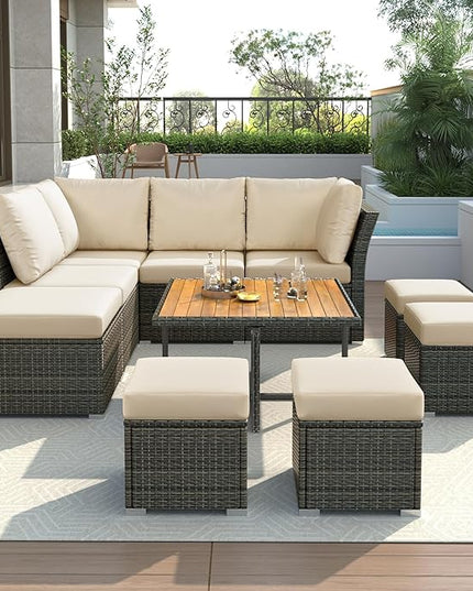 9-Pieces Outdoor Rattan Sectional Sofa Set, Wicker Patio Conversation Furniture with L-shape Couch&Storage Ottomans, Acacia Wood Coffee Table, for Garden Yard, Gray Wicker&Beige Cushion - LeafyLoom