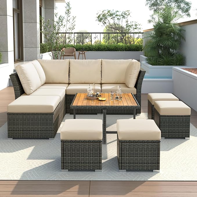 9-Pieces Outdoor Rattan Sectional Sofa Set, Wicker Patio Conversation Furniture with L-shape Couch&Storage Ottomans, Acacia Wood Coffee Table, for Garden Yard, Gray Wicker&Beige Cushion - LeafyLoom