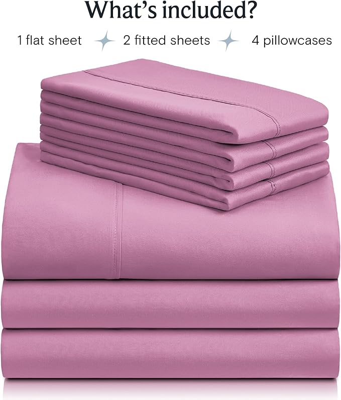 LuxClub 7 PC Split King Sheet Set, Breathable Luxury Bed Sheets, Deep Pockets 18" Eco Friendly Wrinkle Free Cooling Sheets Machine Washable Hotel Bedding Silky Soft - Light Plum Split King - LeafyLoom