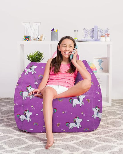 Posh Creations Structured Comfy Bean Bag Chair for Gaming, Reading, and Watching TV, Coronado Chair, Canvas - Unicorn and Rainbows on Purple - LeafyLoom
