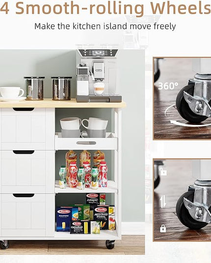 Shintenchi Kitchen Island Cart with Storage,Rolling Kitchen Island Storage Cabinet,Side Table on Wheels with Worktop,3 Open Shelves and 3 Drawers for Kitchen,Dinning Room, White - LeafyLoom
