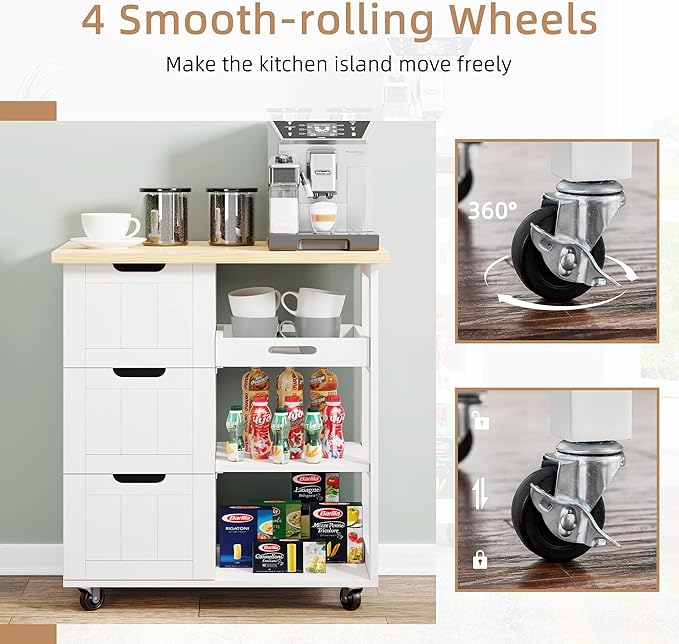 Shintenchi Kitchen Island Cart with Storage,Rolling Kitchen Island Storage Cabinet,Side Table on Wheels with Worktop,3 Open Shelves and 3 Drawers for Kitchen,Dinning Room, White - LeafyLoom