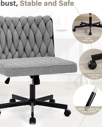 Criss Cross Legged Office Desk Chair with Wheels, Modern Armless Desk Chair with Wide Seat, Home Office Chair for Work, Meditation, Vanity, Grey - LeafyLoom