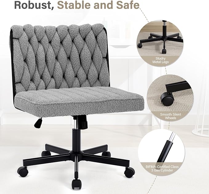 Criss Cross Legged Office Desk Chair with Wheels, Modern Armless Desk Chair with Wide Seat, Home Office Chair for Work, Meditation, Vanity, Grey - LeafyLoom