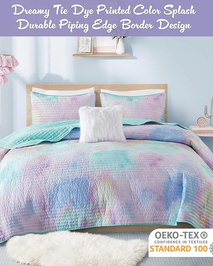 Intelligent Design Queen Quilt Set Boho Quilt Set, Watercolor Tie-Dye Coverlet Set, Casual & Trendy Quilted Lightweight Bedspread, All Season Bed Set, Shams, Cassiopeia, Full/Queen, Pink/Blue 4 Piece - LeafyLoom