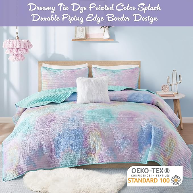 Intelligent Design Queen Quilt Set Boho Quilt Set, Watercolor Tie-Dye Coverlet Set, Casual & Trendy Quilted Lightweight Bedspread, All Season Bed Set, Shams, Cassiopeia, Full/Queen, Pink/Blue 4 Piece - LeafyLoom
