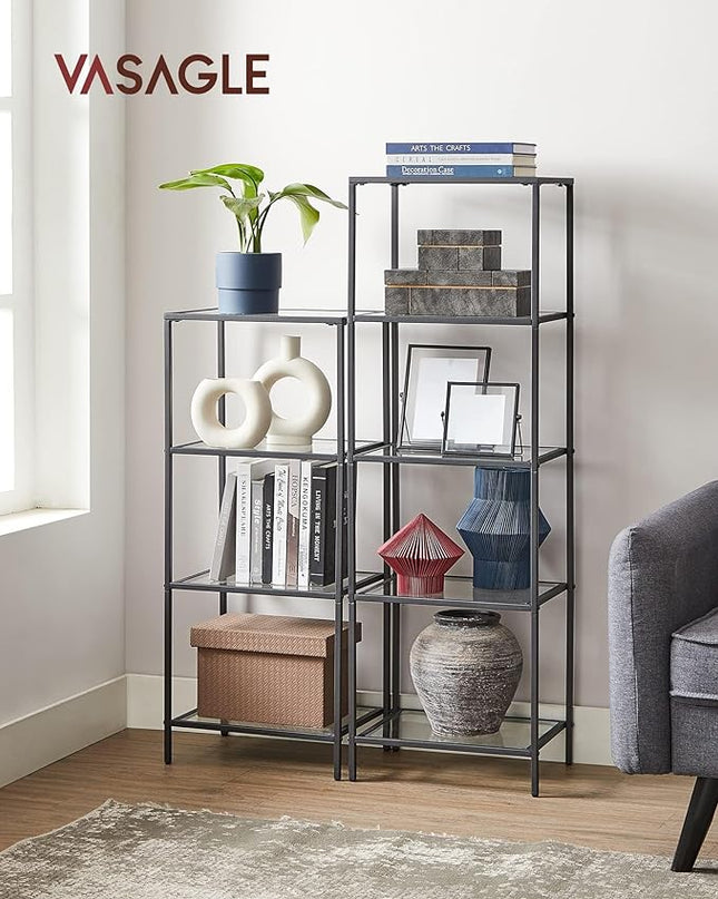VASAGLE Bookcase, 5-Tier Bookshelf, Slim Shelving Unit for Bedroom, Bathroom, Home Office, Tempered Glass, Steel Frame, Ink Black ULGT029B61 - LeafyLoom