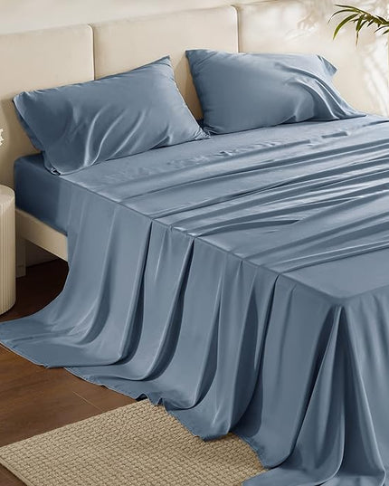 Bedsure Queen Sheets, Rayon Derived from Bamboo, Queen Cooling Sheet Set, Deep Pocket Up to 16", Breathable & Soft Bed Sheets, Hotel Luxury Silky Bedding Sheets & Pillowcases, Mineral Blue - LeafyLoom