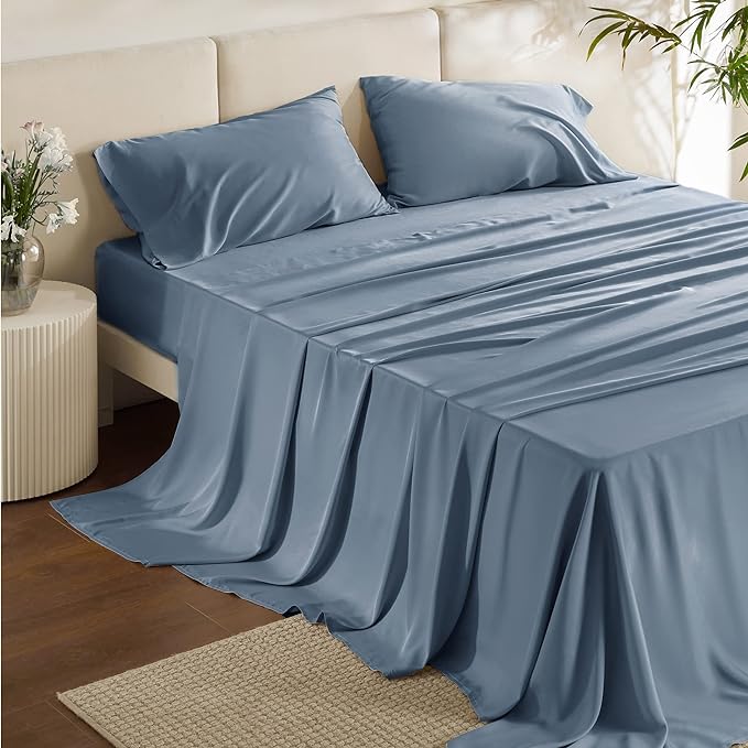Bedsure Queen Sheets, Rayon Derived from Bamboo, Queen Cooling Sheet Set, Deep Pocket Up to 16", Breathable & Soft Bed Sheets, Hotel Luxury Silky Bedding Sheets & Pillowcases, Mineral Blue - LeafyLoom