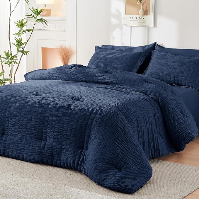 HYMOKEGE Seersucker Queen Comforter Set 3 Pieces, Lightweight Comforter Sets for Bedding, Bed Set with 1 All Season Soft Down Alternative Comforter and 2 Pillow Shams, Navy Blue - LeafyLoom