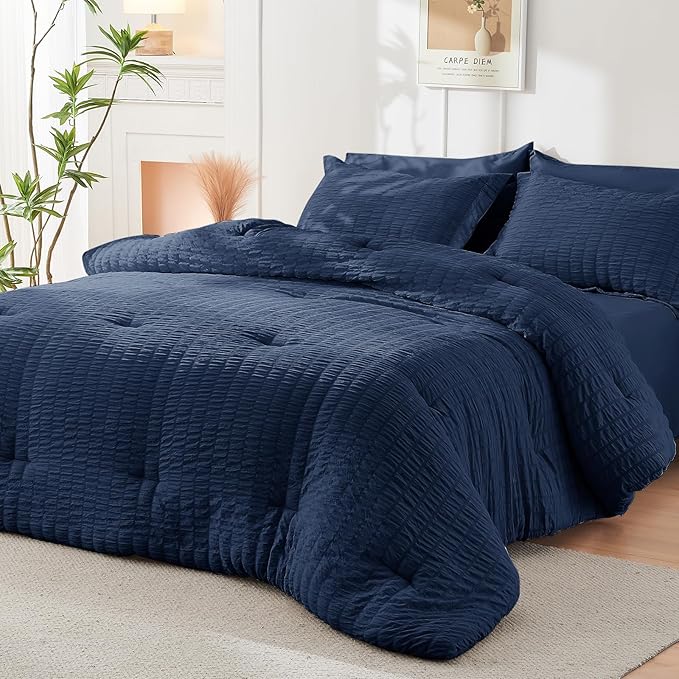 HYMOKEGE Seersucker Twin Comforter Set 3 Pieces, Lightweight Comforter Sets for Bedding, Bed Set with 1 All Season Soft Down Alternative Comforter and 2 Pillow Shams, Navy Blue - LeafyLoom