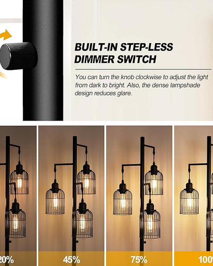 QiMH Industrial Floor Lamp for Living Room,LED Farmhouse Standing Lamp with 3 Birdcage Hanging Shade, Dimmable Tall Lamp Rustic Home Decor for Bedroom Office, Black (Bulbs Included) - LeafyLoom