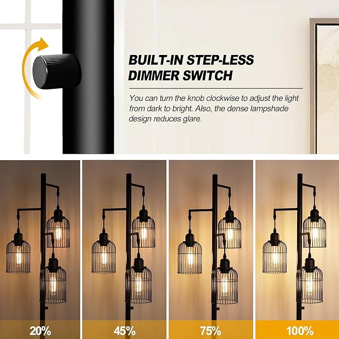 QiMH Industrial Floor Lamp for Living Room,LED Farmhouse Standing Lamp with 3 Birdcage Hanging Shade, Dimmable Tall Lamp Rustic Home Decor for Bedroom Office, Black (Bulbs Included) - LeafyLoom