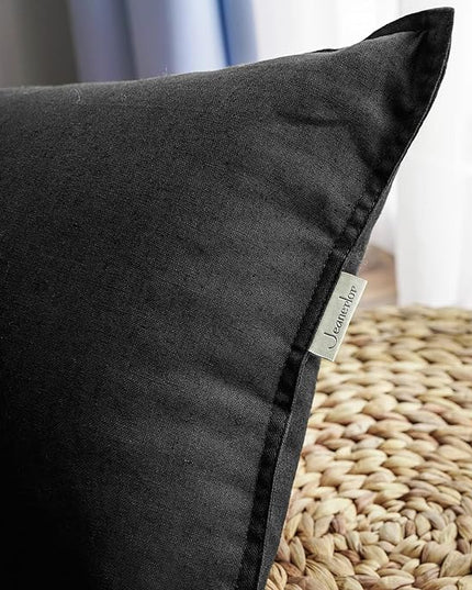 Jeanerlor Natural Cotton Linen Green Decorative 12"x20" Throw Pillow Case Cushion Cover with Twin Needles Stitch on Edge for Lumbar, (30 x 50cm), 2 Pcs, Black - LeafyLoom
