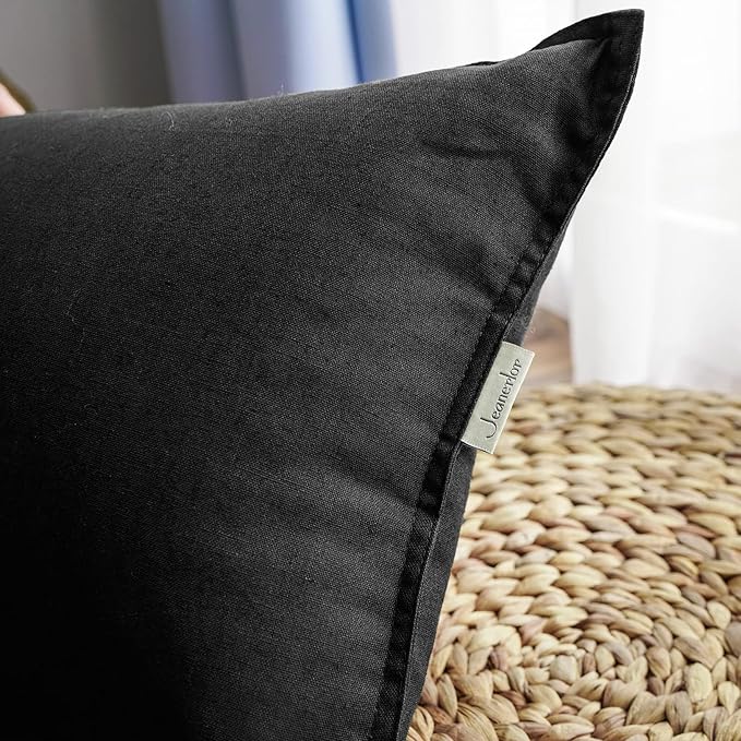 Jeanerlor Natural Cotton Linen Green Decorative 12"x20" Throw Pillow Case Cushion Cover with Twin Needles Stitch on Edge for Lumbar, (30 x 50cm), 2 Pcs, Black - LeafyLoom