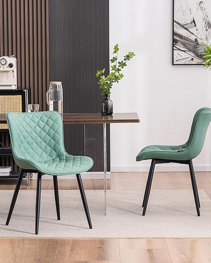 YOUTASTE Light Green Dining Chairs Set of 2 Mid Century Modern PU Leather Diamond Upholstered Accent Guest Dinner Chair with Back Metal Legs for Kitchen Living Reception Waiting Room - LeafyLoom