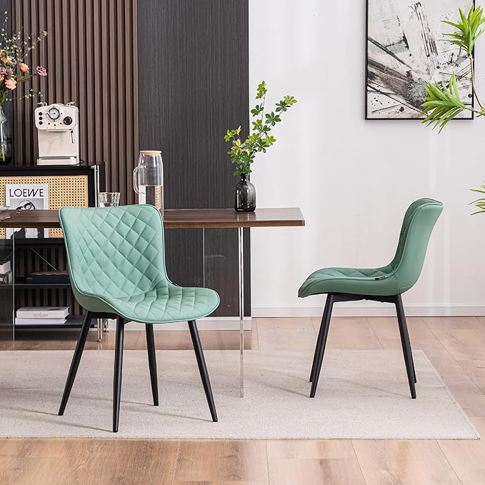 YOUTASTE Light Green Dining Chairs Set of 2 Mid Century Modern PU Leather Diamond Upholstered Accent Guest Dinner Chair with Back Metal Legs for Kitchen Living Reception Waiting Room - LeafyLoom
