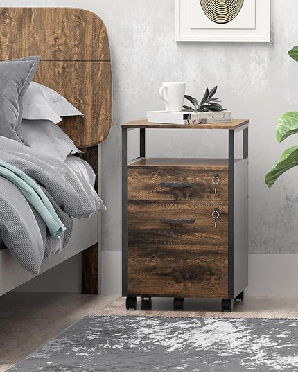 2 drawer file cabinet with lock, Wood Filing Cabinet for Home Office with Wheels and Open Shelf, Small Rolling Printer Stand and Under Desk File Cabinets for A4/Letter-Size Files-Brown - LeafyLoom