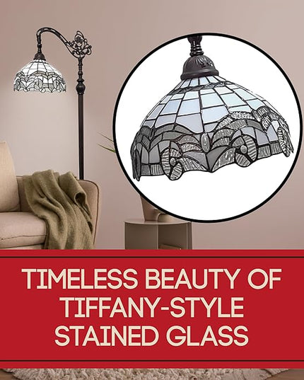 Amora Tiffany Floor Lamp - Arched, Stained Glass 62” - Traditional White Mahogany with Foot Switch Operation and Adjustable Lamp Shade - Custom Handcrafted Floor Lamps for Living Room - LeafyLoom