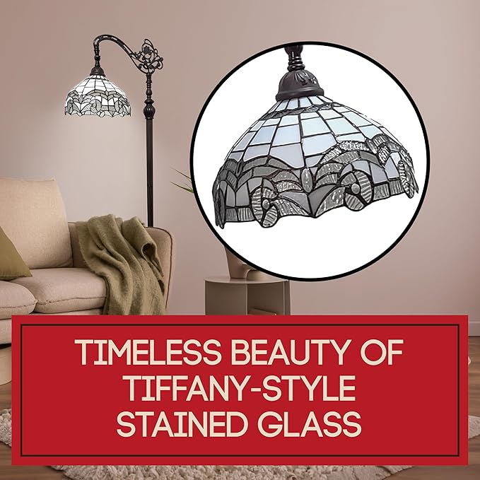 Amora Tiffany Floor Lamp - Arched, Stained Glass 62” - Traditional White Mahogany with Foot Switch Operation and Adjustable Lamp Shade - Custom Handcrafted Floor Lamps for Living Room - LeafyLoom
