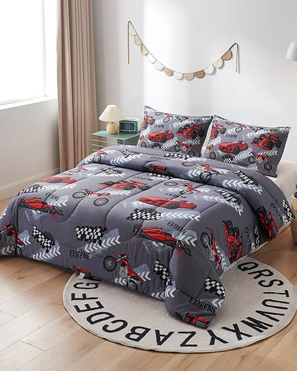 beeweed 2 Piece Kid Comforter Set Twin Size, Racing Car Bedding Set for Teen Boys Girls - LeafyLoom