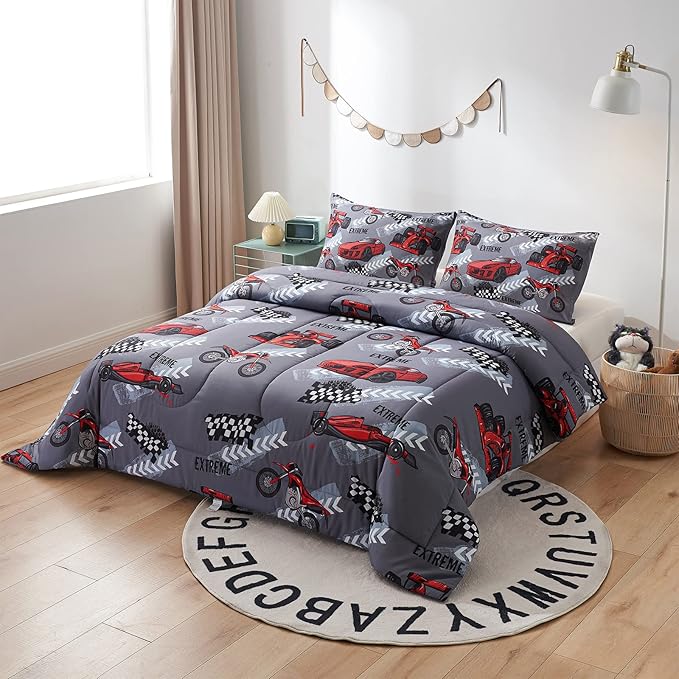 beeweed 2 Piece Kid Comforter Set Twin Size, Racing Car Bedding Set for Teen Boys Girls - LeafyLoom