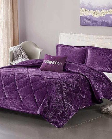 Intelligent Design Queen Comforter Set, Velvet Comforter Set , Luxury Diamond Quilting Comforter Set, Fluffy Comforter Bed Set with Decorative Pillowand 2 Shams, 4 Piece Purple, Full/Queen - LeafyLoom