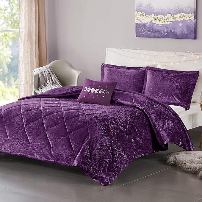 Intelligent Design Queen Comforter Set, Velvet Comforter Set , Luxury Diamond Quilting Comforter Set, Fluffy Comforter Bed Set with Decorative Pillowand 2 Shams, 4 Piece Purple, Full/Queen - LeafyLoom