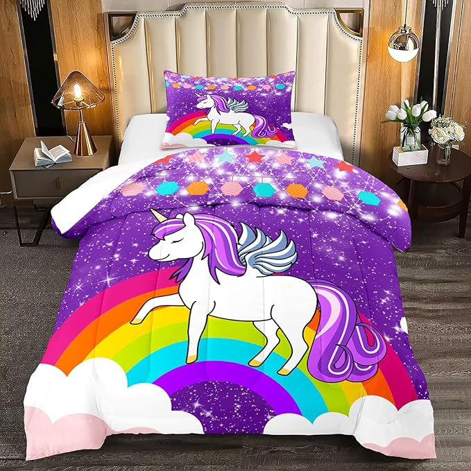 Unicorn Twin Comforter Set for Girls Twin Girls Bedding Set Cute Rainbow Unicorn Comforter Set for Kids Cartoon Girls Bedding Sets Twin Unicorn Print Bedding Sets, Purple, 1 Comforter+1 Pillowcase - LeafyLoom