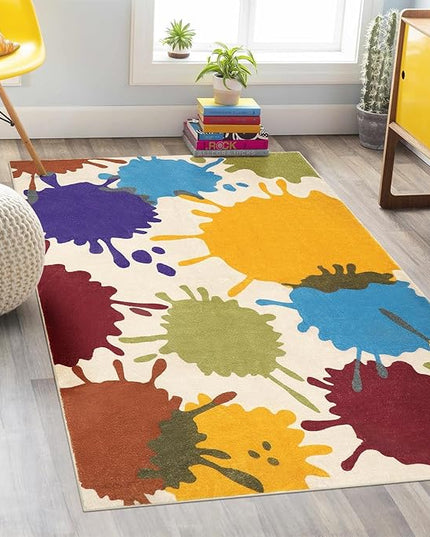 Art Bedroom Rug, 4'x6' Machine Washable Kids Rug for Playroom, Paint Splash Rainbow Area Rug for Classroom, Soft Colorful Living Room Rug Throw Play Mat for Nursery Office Preschool - LeafyLoom
