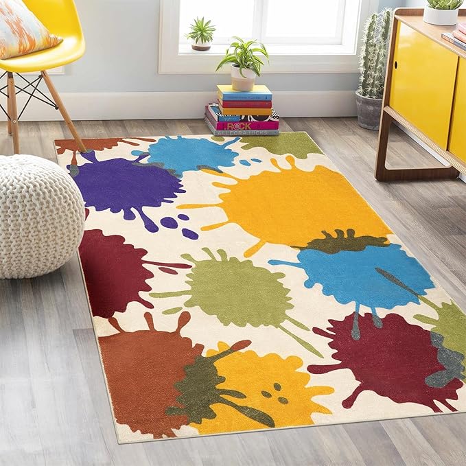 Art Bedroom Rug, 4'x6' Machine Washable Kids Rug for Playroom, Paint Splash Rainbow Area Rug for Classroom, Soft Colorful Living Room Rug Throw Play Mat for Nursery Office Preschool - LeafyLoom