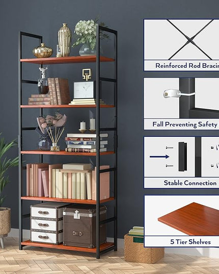 NUMENN 5 Tier Bookshelf, Tall Bookcase Shelf Storage Organizer, Modern Book Shelf for Bedroom, Living Room and Home Office, Teak - LeafyLoom