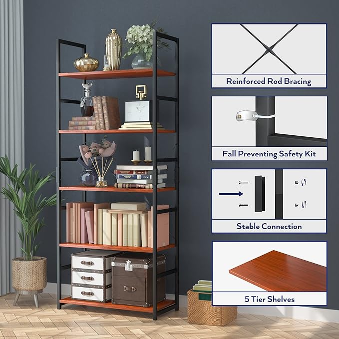 NUMENN 5 Tier Bookshelf, Tall Bookcase Shelf Storage Organizer, Modern Book Shelf for Bedroom, Living Room and Home Office, Teak - LeafyLoom
