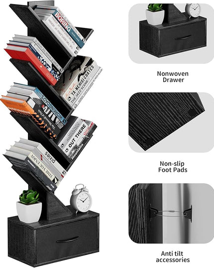 Egepon 6-tier Tree Bookshelf with Drawer Black Book Shelf Storage Rack Floor Standing Bookcase for CDs Movies Books Multifunctional Organizer Shelves for Home Office Living Room Bedroom - LeafyLoom