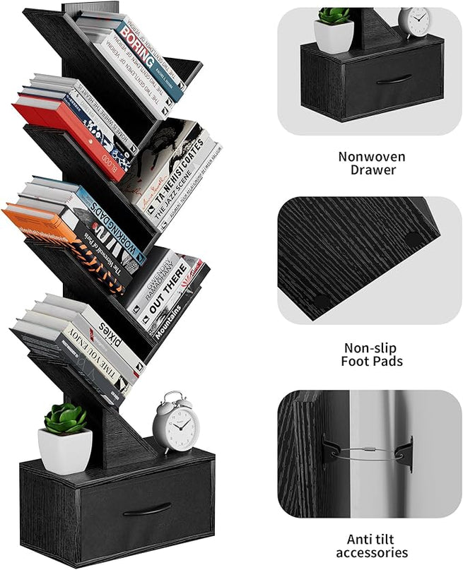 Egepon 6-tier Tree Bookshelf with Drawer Black Book Shelf Storage Rack Floor Standing Bookcase for CDs Movies Books Multifunctional Organizer Shelves for Home Office Living Room Bedroom - LeafyLoom