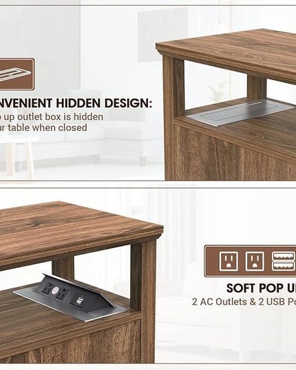 HIFYOBRO Narrow End Table with Flip Top Charging Station and Storage Cabinet, Type-C & USB port & Power outlets, Adjustable Shelf, Narrow Side Table with Storage for Living Room and Bedroom - LeafyLoom