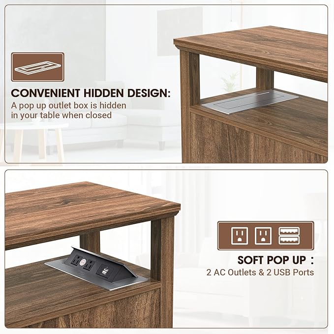 HIFYOBRO Narrow End Table with Flip Top Charging Station and Storage Cabinet, Type-C & USB port & Power outlets, Adjustable Shelf, Narrow Side Table with Storage for Living Room and Bedroom - LeafyLoom