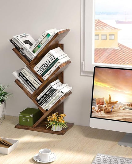 Topfurny Tree Bookshelf, 4-Tier Book Storage Organizer Shelves Floor Standing Bookcase, Wood Storage Rack for Office Home School Shelf Display for Cd/Magazine/Book - Rustic Brown - LeafyLoom
