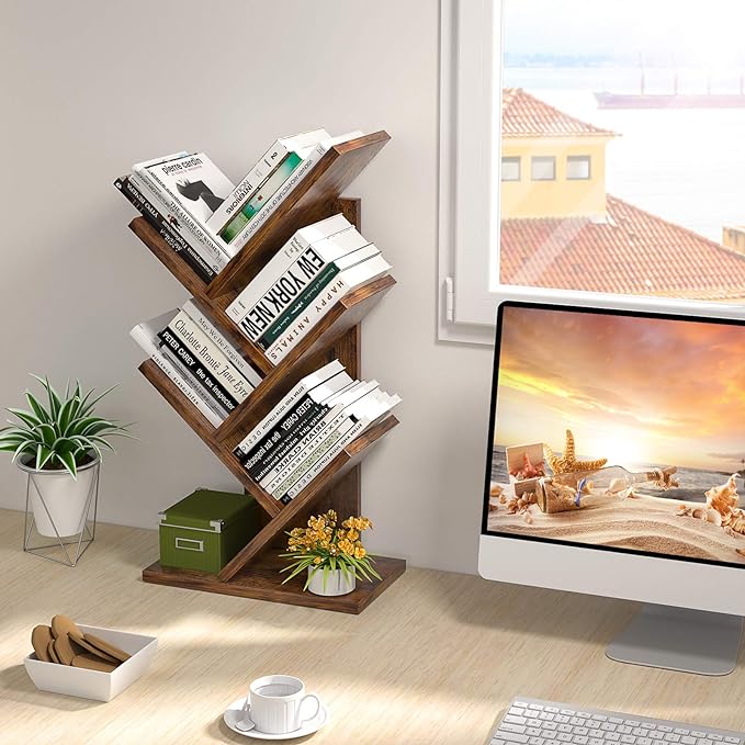 Topfurny Tree Bookshelf, 4-Tier Book Storage Organizer Shelves Floor Standing Bookcase, Wood Storage Rack for Office Home School Shelf Display for Cd/Magazine/Book - Rustic Brown - LeafyLoom