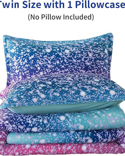 Litanika Galaxy Comforter Full(79x90lnch), 3 Pieces(1 Blue Glitter Ombre Comforter, 2 Pillowcases), 3D Colorful Rainbow Bedding Set, Microfiber Comforter Set for Kid Boy Girl Teen - LeafyLoom