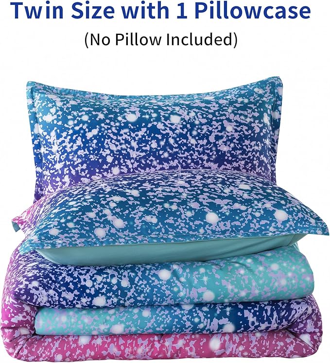 Litanika Galaxy Comforter Full(79x90lnch), 3 Pieces(1 Blue Glitter Ombre Comforter, 2 Pillowcases), 3D Colorful Rainbow Bedding Set, Microfiber Comforter Set for Kid Boy Girl Teen - LeafyLoom