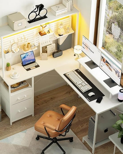 Yoobure L Shaped Desk with Pegboard, Reversible Gaming Desk with LED Lights & Power Outlets, Computer Desk with Drawers & Storage Shelves, Office Desk with Monitor Stand Corner Desk Home Office Desks - LeafyLoom