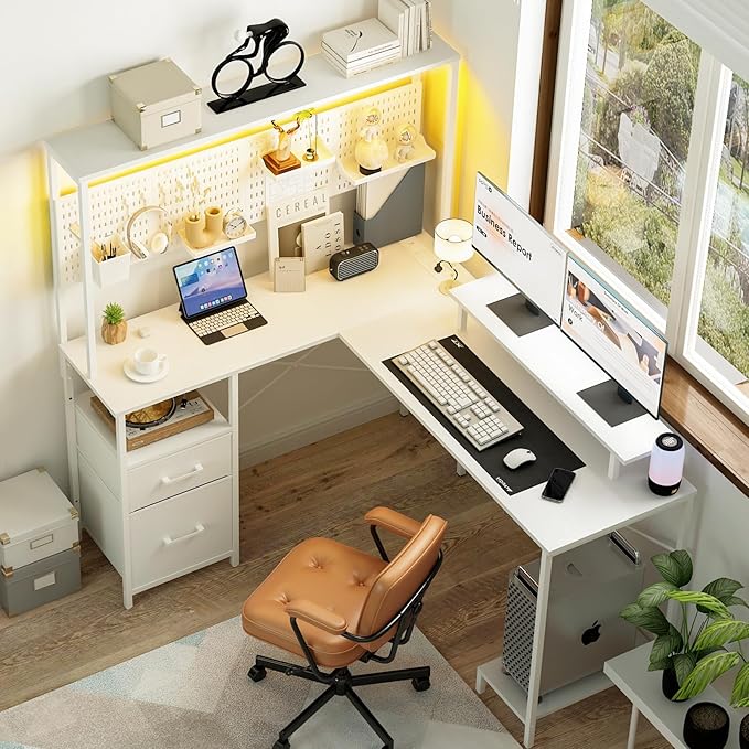 Yoobure L Shaped Desk with Pegboard, Reversible Gaming Desk with LED Lights & Power Outlets, Computer Desk with Drawers & Storage Shelves, Office Desk with Monitor Stand Corner Desk Home Office Desks - LeafyLoom